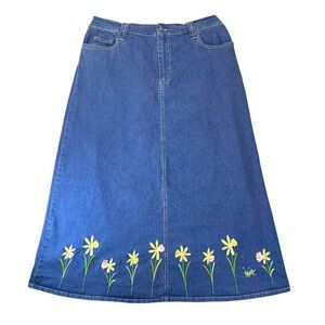 Quacker Factory Skirt Midi A Line Floral Embroidered Stretch Denim Blue Large